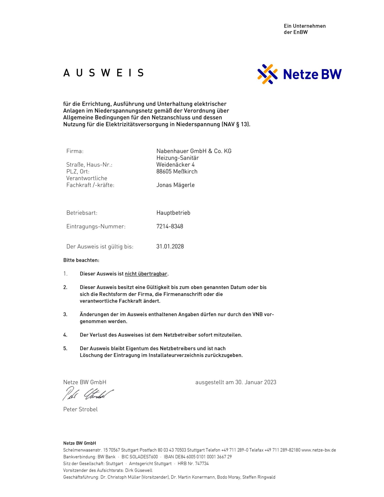 Ausweis für die Errichtung, Ausführung und Unterhaltung  elektrischer Anlagen